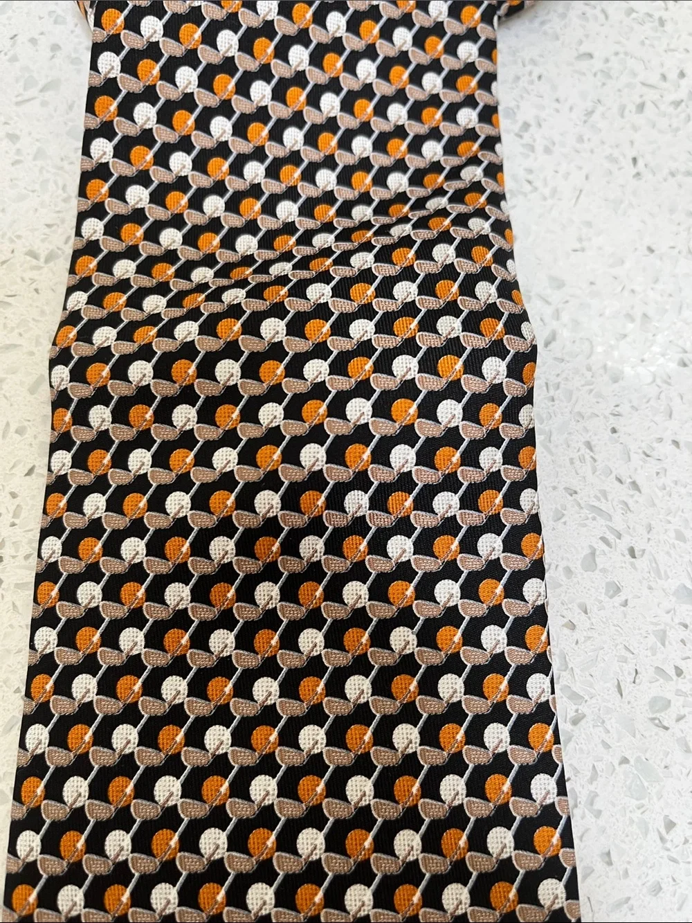 Salvatore Ferragamo Black, Tan, Orange & Cream Silk Tie with Golf Club and Balls